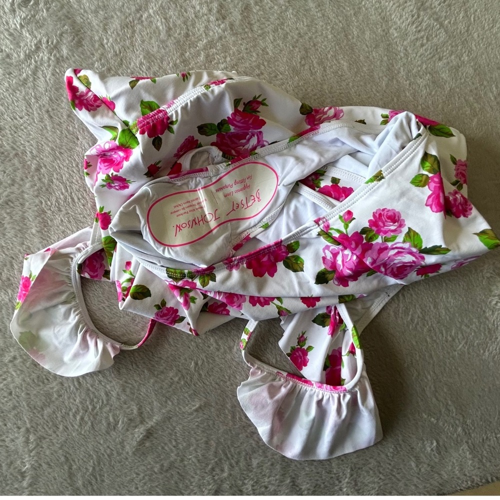 Betsey Johnson Womens White Pink Rose Floral Ruffle V-Neck One Piece Swimsuit L - Picture 6 of 6